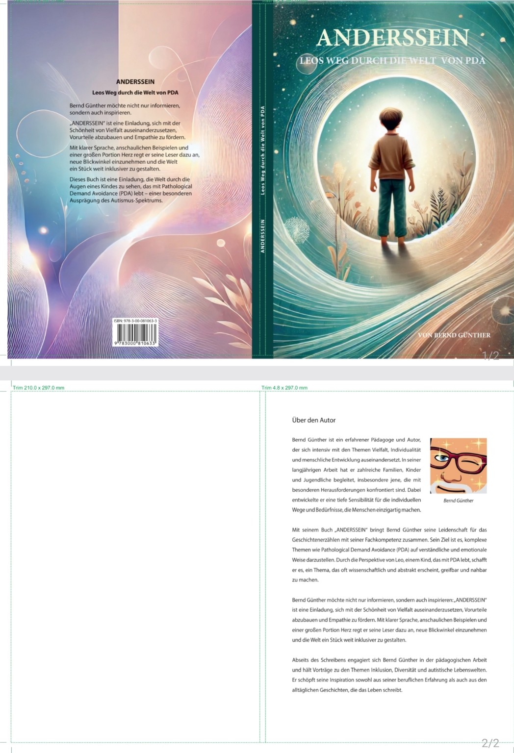 Buchcover ANDERSSEIN – Leos Weg durch die Welt von PDA, von Bernd Günther: Ein Kind vor einem leuchtenden Kreis.